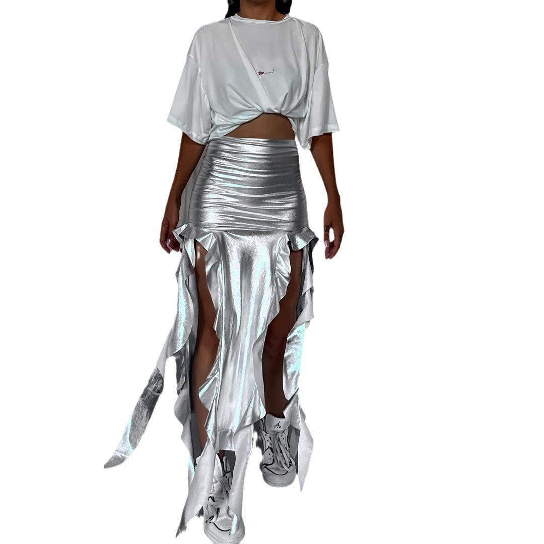 Ribbon Tassel Reflective PU Fishtail Skirt Micro Elastic Irregular