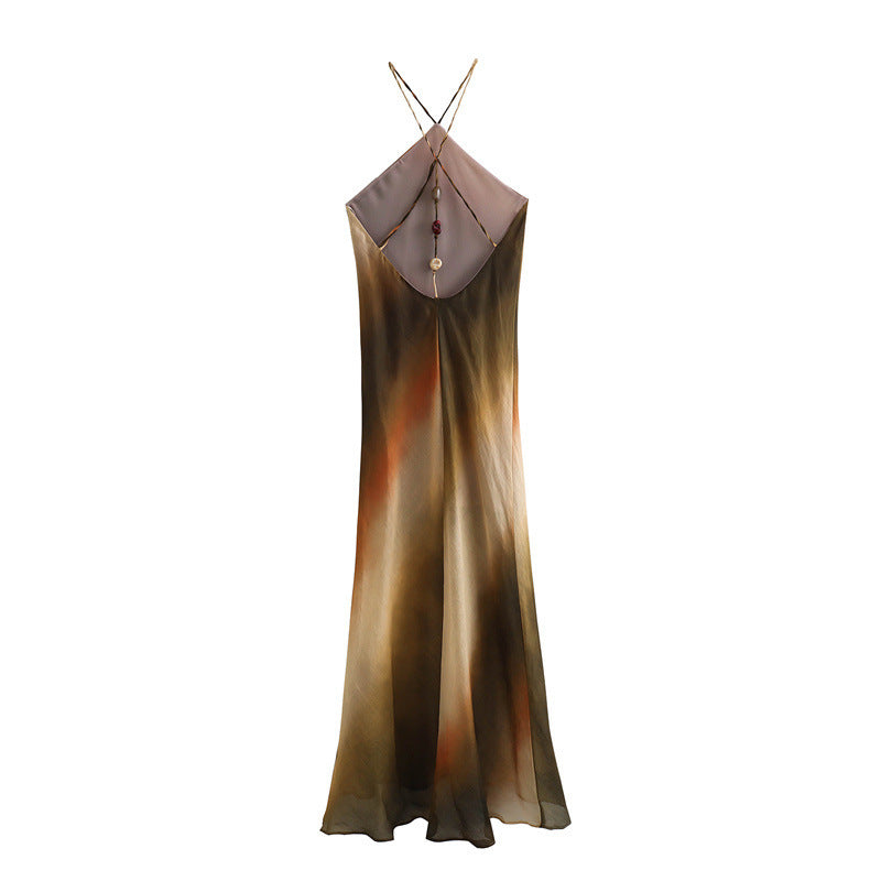 Fashion Casual Cotton And Linen Tie-dye Hanging Collar Dress