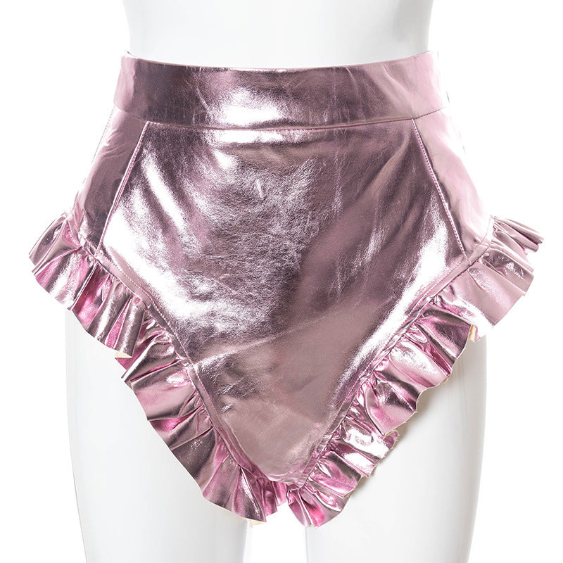 Women's PU Leather Shorts With Wooden Ears