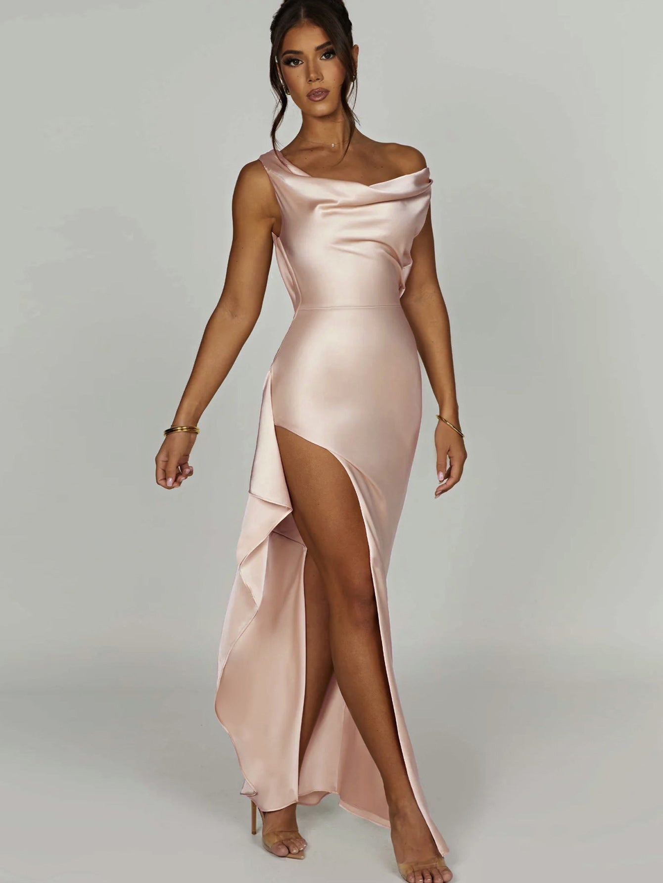 V-neck Brace Sheath Backless Irregular Slit Long Dress