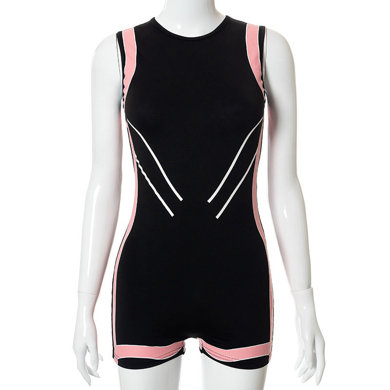 Sleeveless Sexy Stitching Striped Sports Shorts Jumpsuit