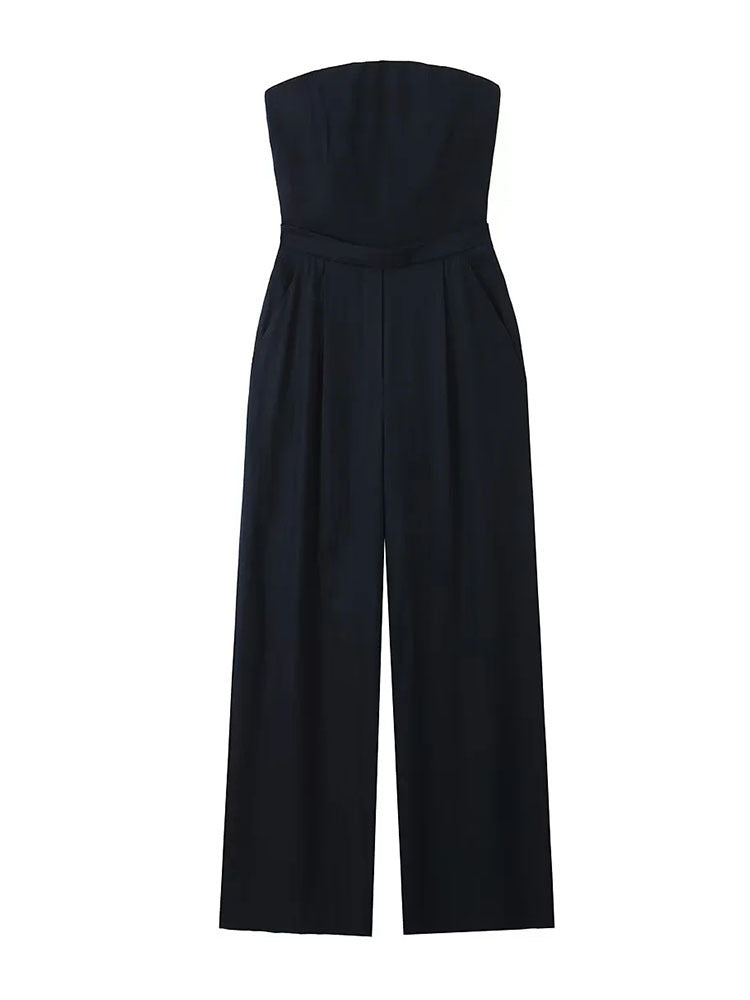 Women's Black Loose Fitting Linen Blend Bra Style Jumpsuit