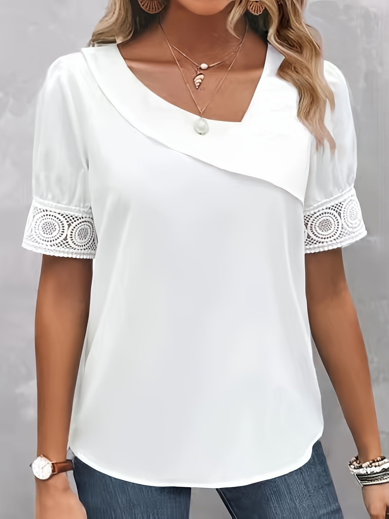 Solid Color Lace V-neck Patchwork Short Sleeve Shirt