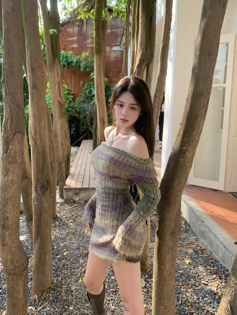 Off-shoulder Knitted Striped Dress Waist Hip Skirt