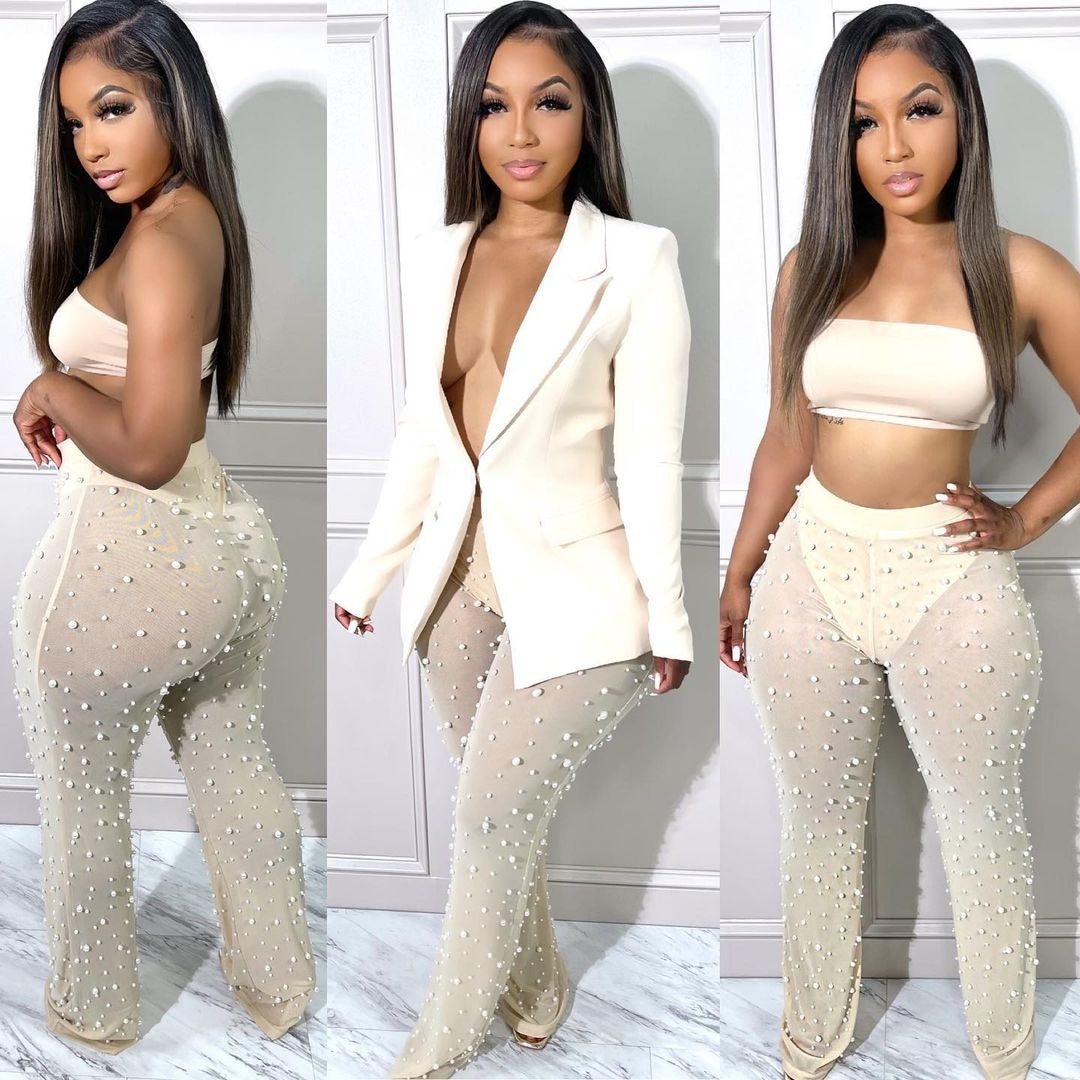 Rubber Mesh Foam Beads Decorative Wide Leg Beaded Pants With Underpants