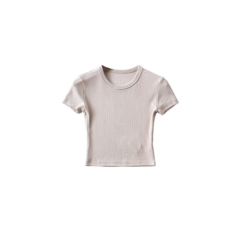 Basic Style Round Neck Tight Stretch Solid Color Short Sleeve T-shirt Top