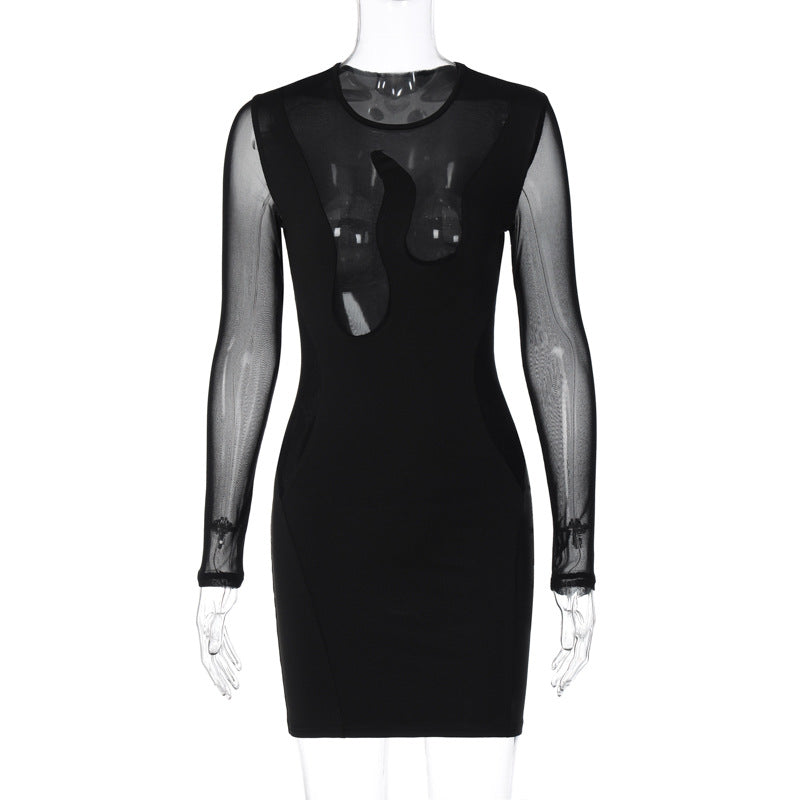 Women's Summer New Fashion Mesh Stitching Hollow Long Sleeve Slim Dress
