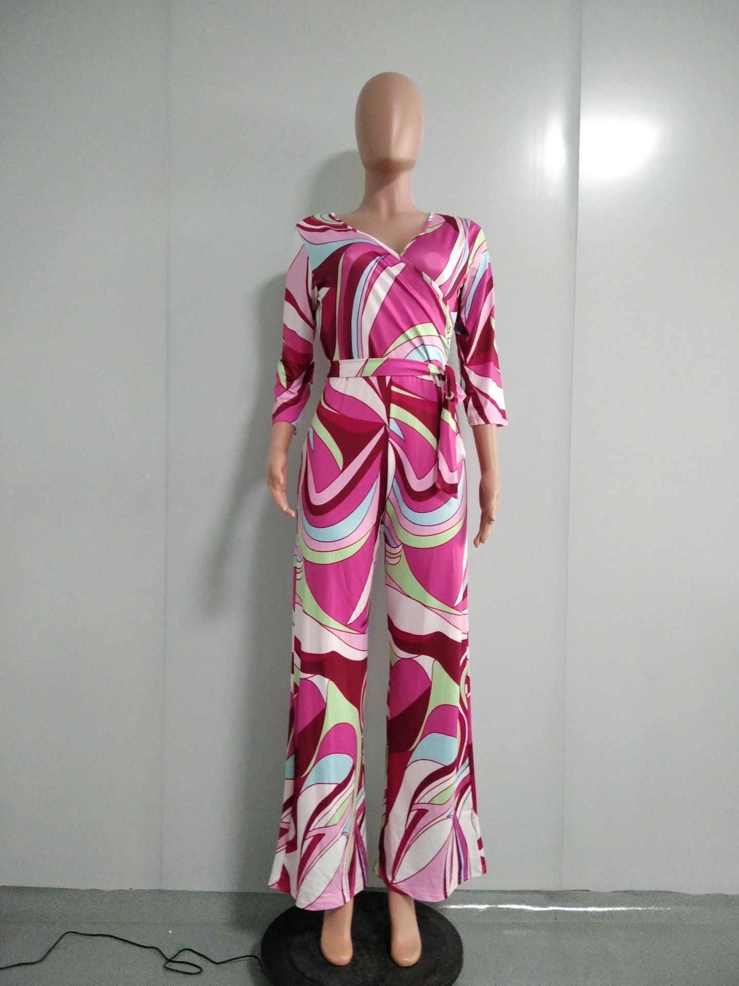 Women's V-Neck Long Sleeve Print Jumpsuit