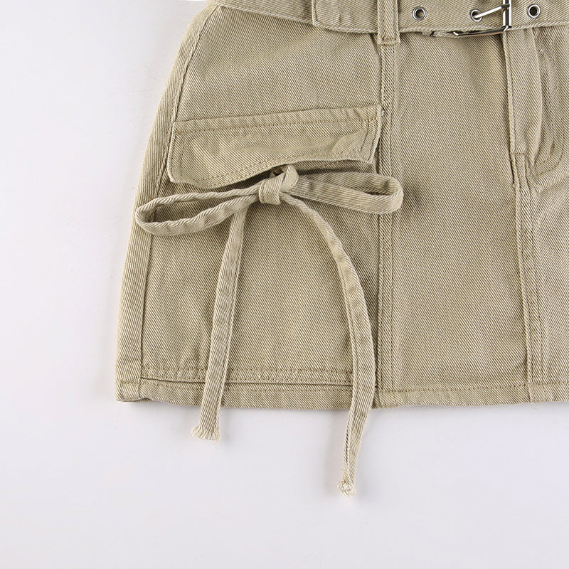 Low-rise Belted Denim Casual Skirt With Lace-up Pockets