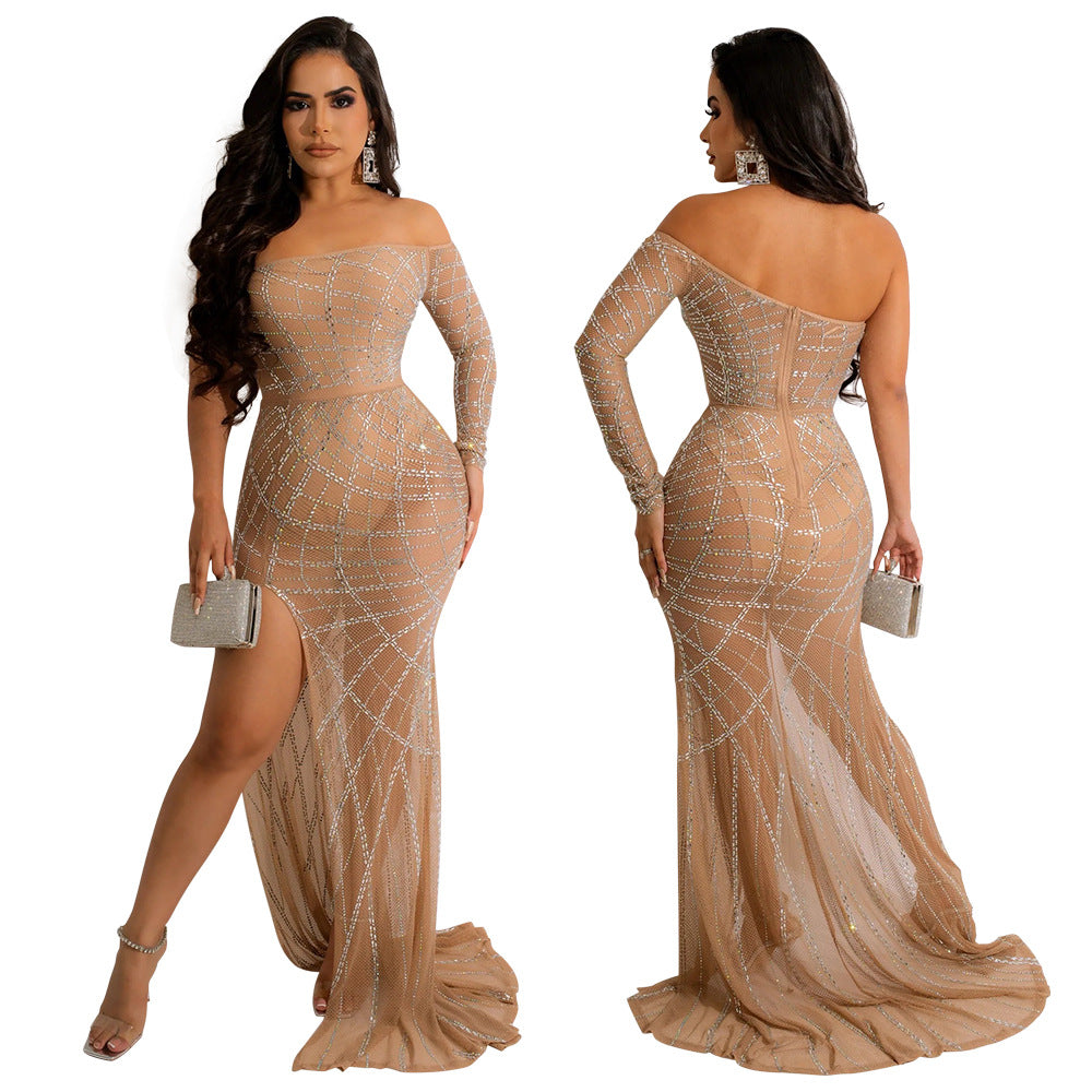 Sexy Off-the-shoulder See-through Hot Drilling High Slit Dress