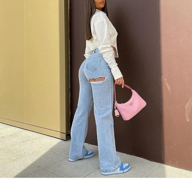 High Waist Stretch Ripped Hem Slit Denim