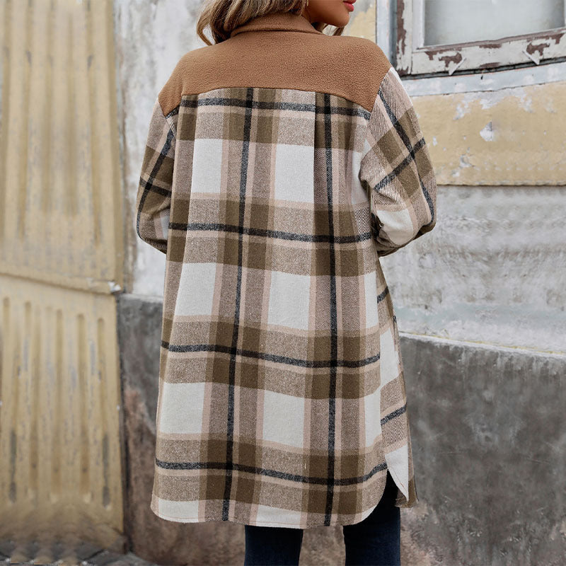 New Brushed Plaid Long Coat With Pockets Fashion Winter Jacket Outwear