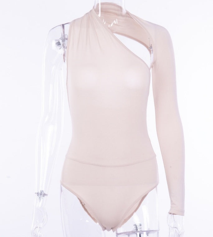Sexy one-shoulder tight bodysuit milk silk bottoming shirt