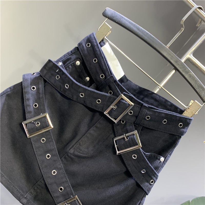 Design Denim Skirt With Black Straps
