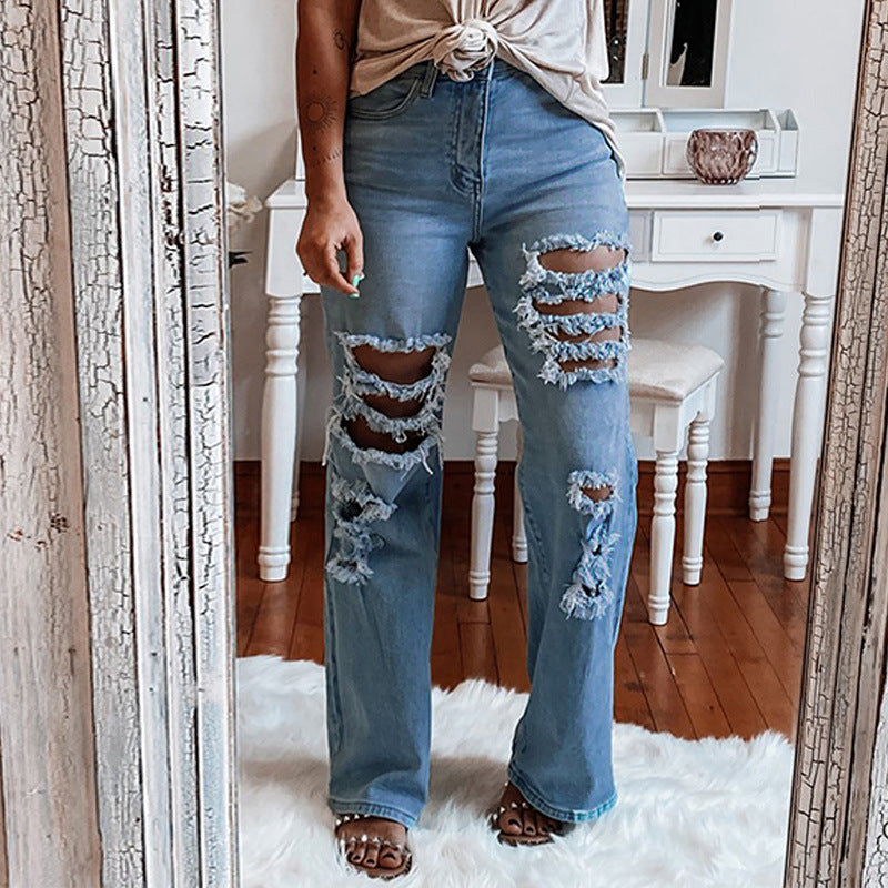 Washed And Worn Straight-leg Distressed Jeans