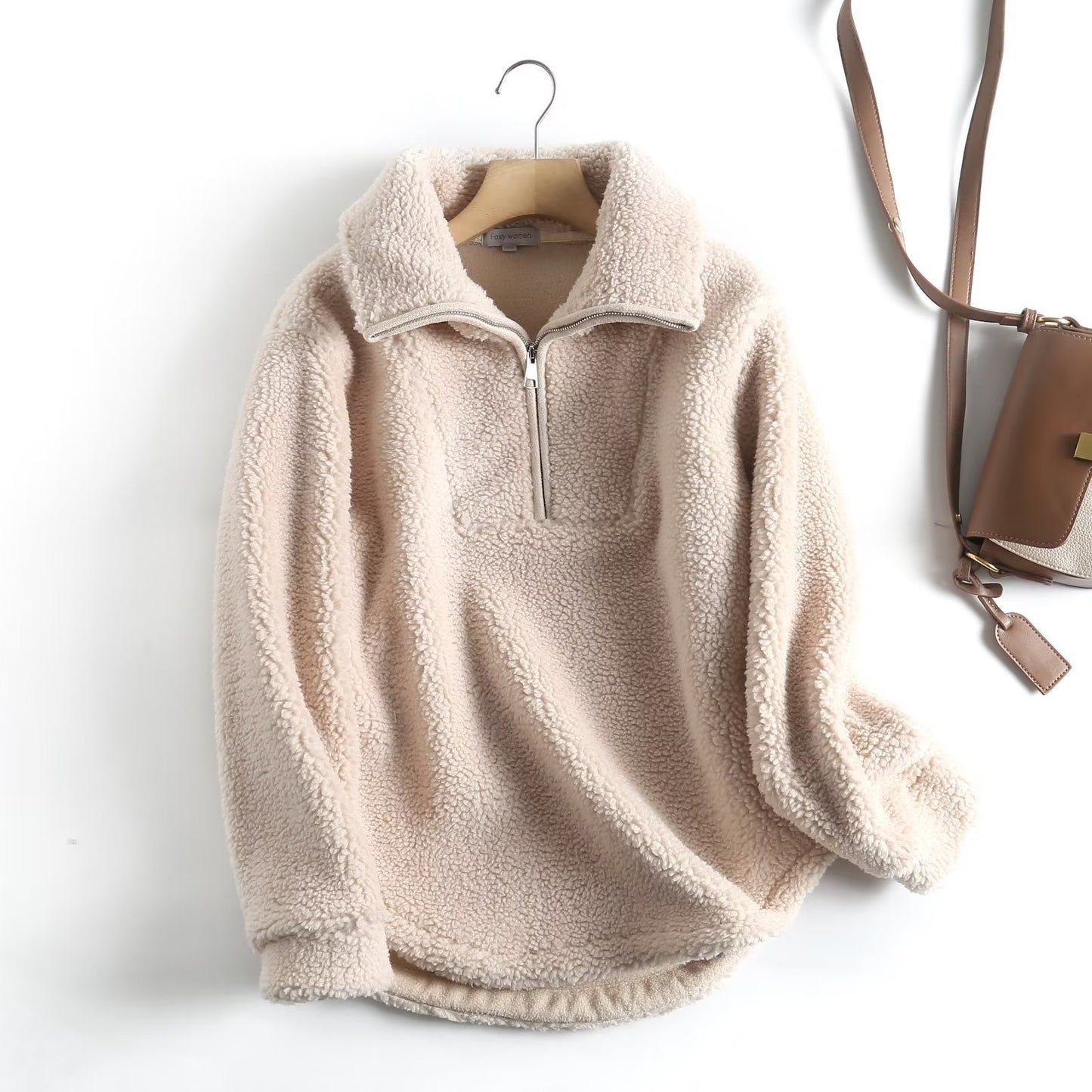 Simple Casual Sweatshirt Zipper Collar Lamb Wool Loose Pullover Coat