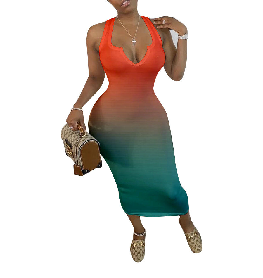 Women's Clothing Skinny V-neck Gradient Color Dress