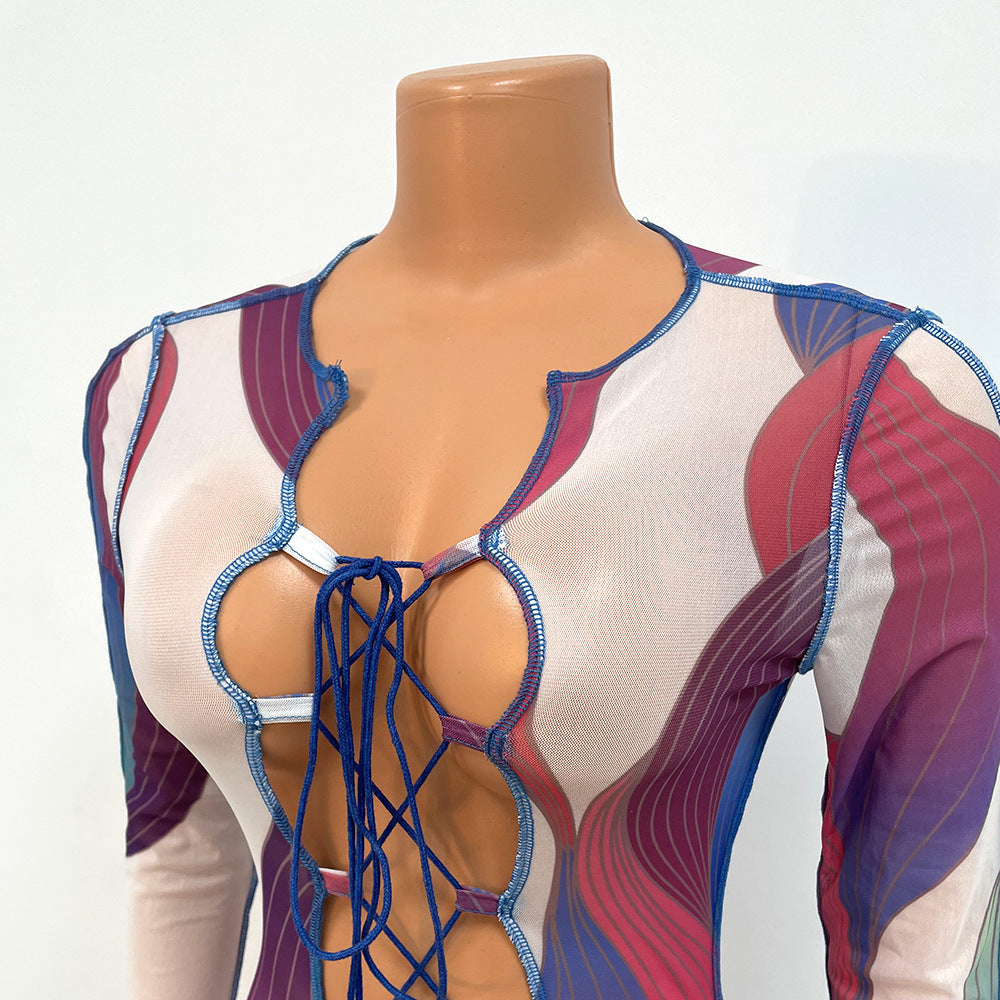 Fashion Sexy Printed Mesh See-Through Strap Long-Sleeved Jumpsuit