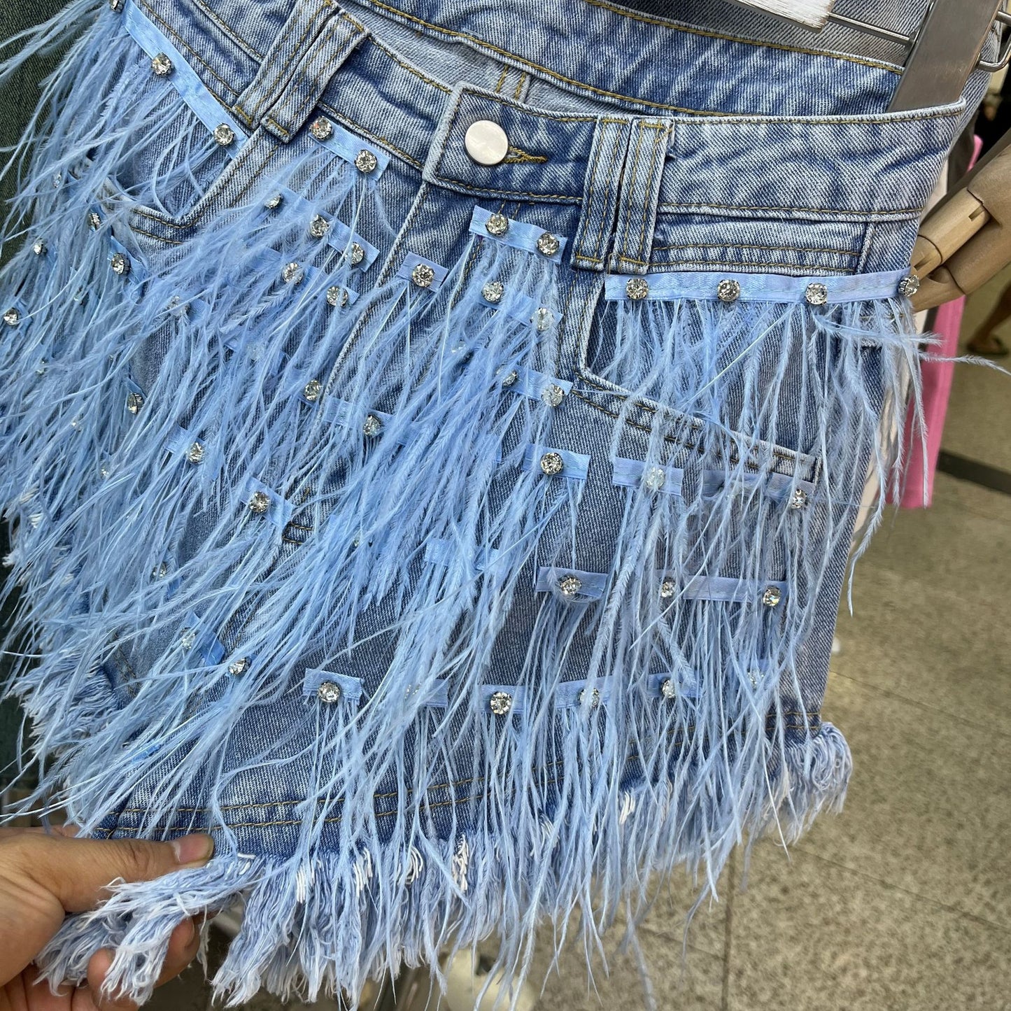 Heavy Industry Rhinestone Ostrich Feather Tassel Denim Shorts