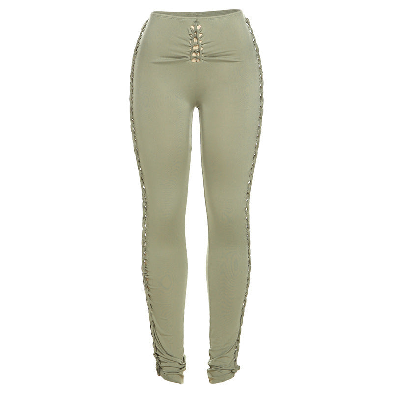 Solid Color Hollow Skinny Casual Pants