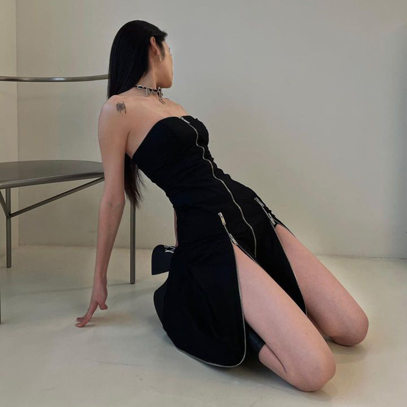 Style Zipper Design Hot Girl Sexy Tube Top Split Dress