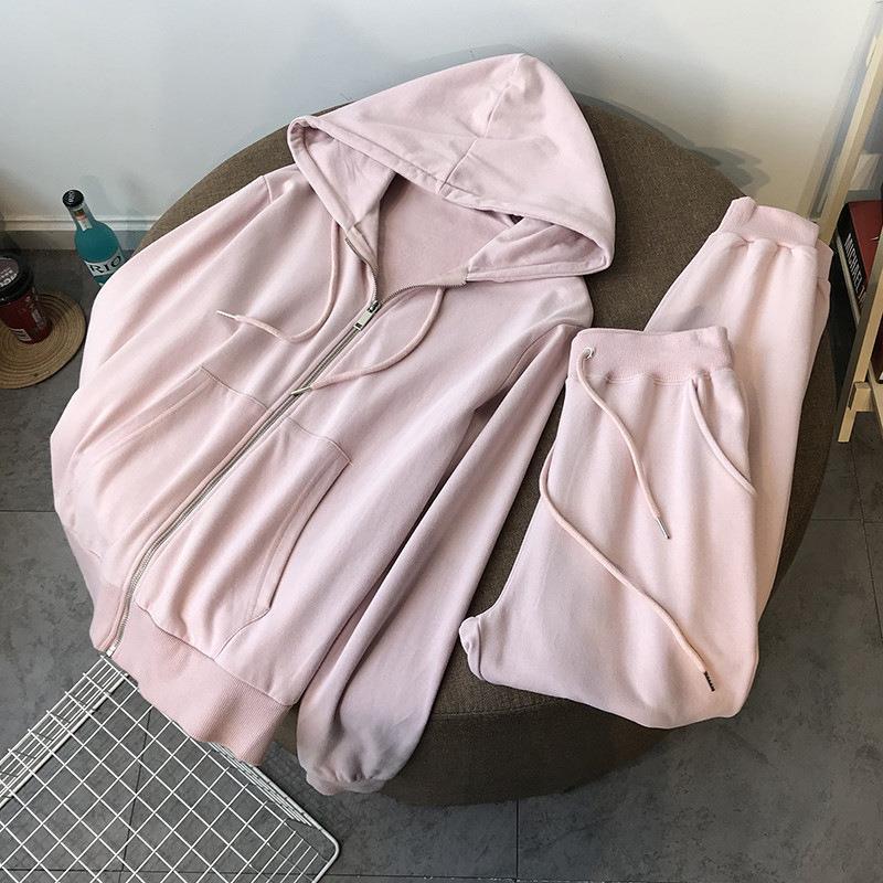 Sweater Zipper Hooded Sweatshirt Two-piece Set Loose