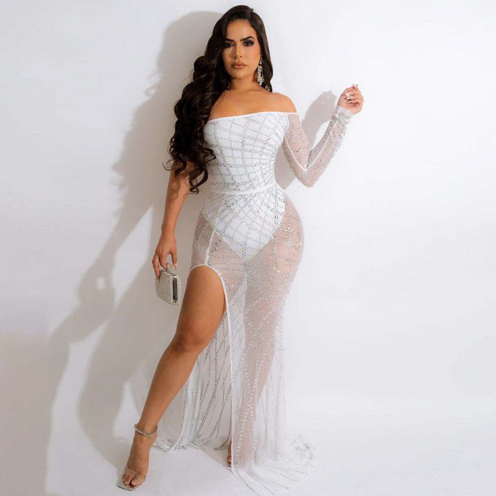 Sexy Off-the-shoulder See-through Hot Drilling High Slit Dress