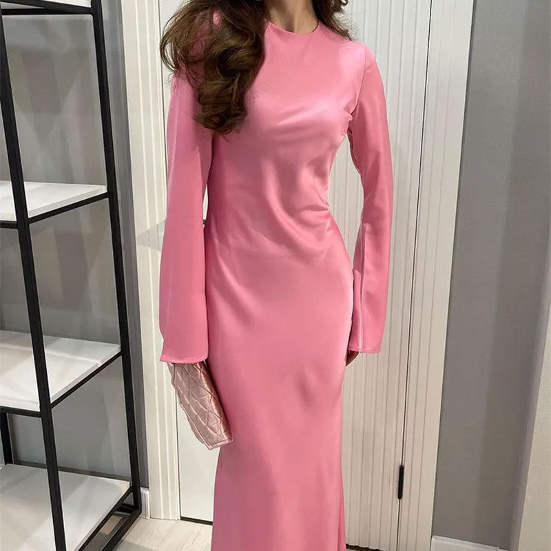 Women's Clothing Temperament Pure Color Long Sleeve Round Neck Waist Trimming Sheath French Dress