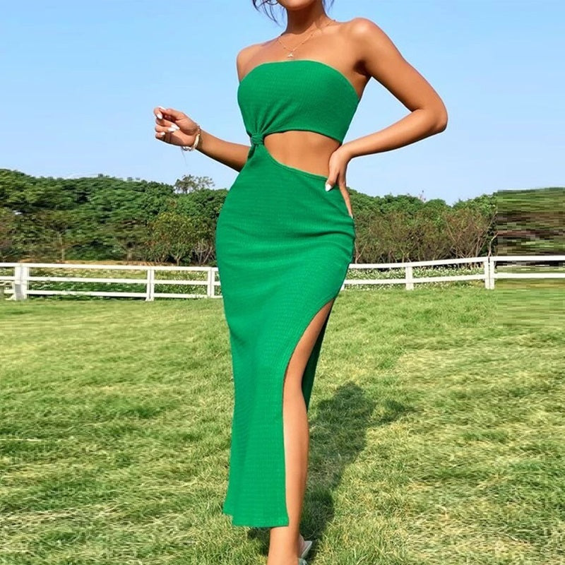 Tube Top Design Split Dress Midriff Outfit Twist