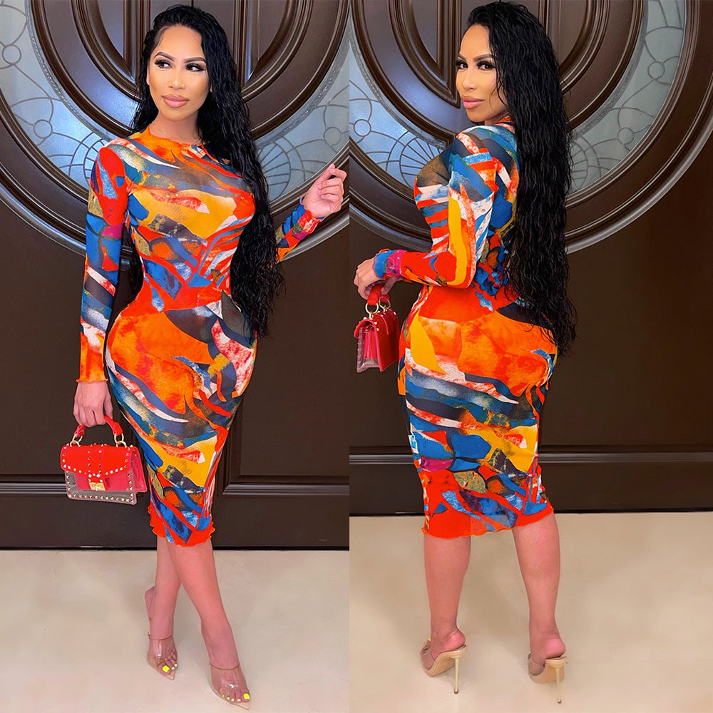 Women's Fashion Mesh Long-sleeved Dress