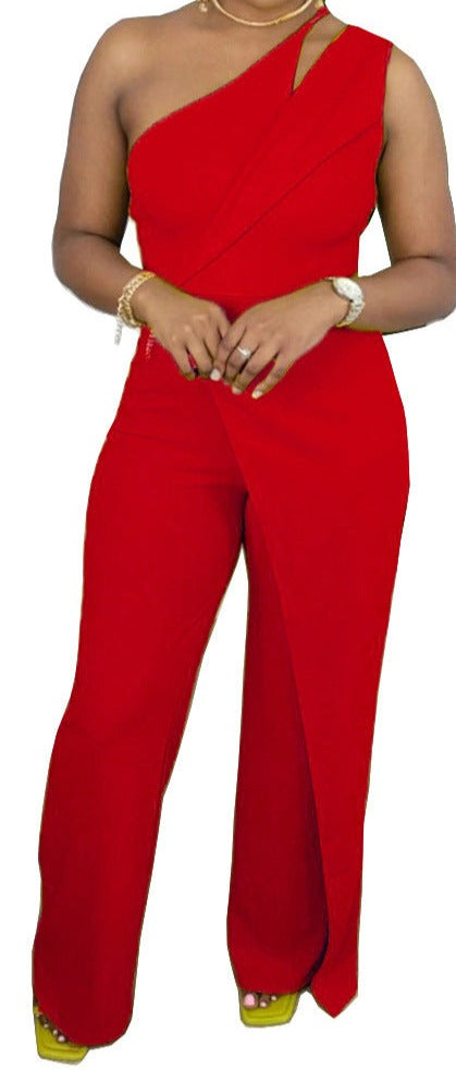 Fashion Casual One-shoulder Back Concealed Zipper Sleeveless Wide Leg Jumpsuit