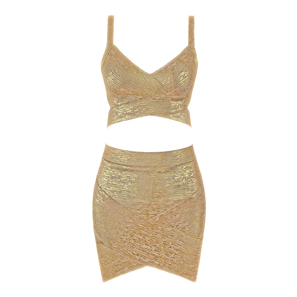 Slanted shoulder bronzing short skirt