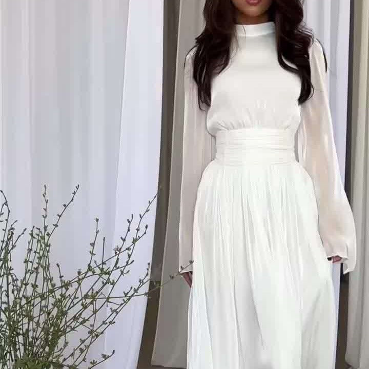 Autumn New Fashionable French Long Neck Round Waist Fold Light Luxury Style Dress