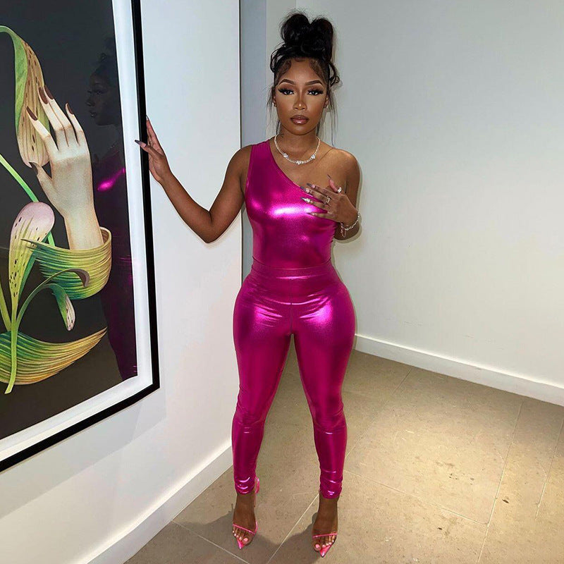 Shiny One Shoulder Top High Waist