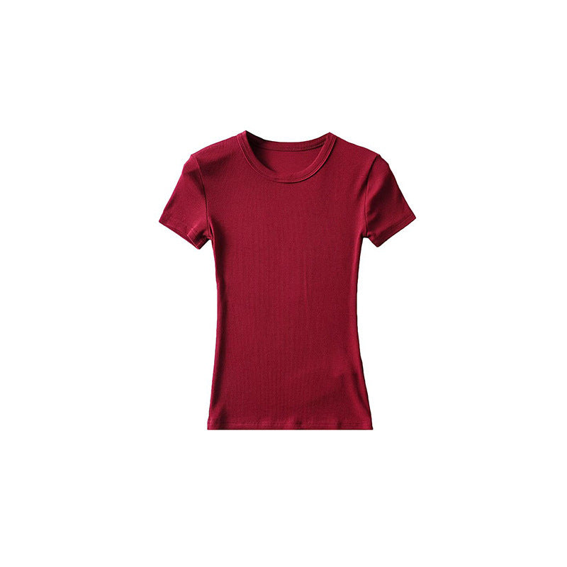 Basic Style Round Neck Tight Stretch Solid Color Short Sleeve T-shirt Top