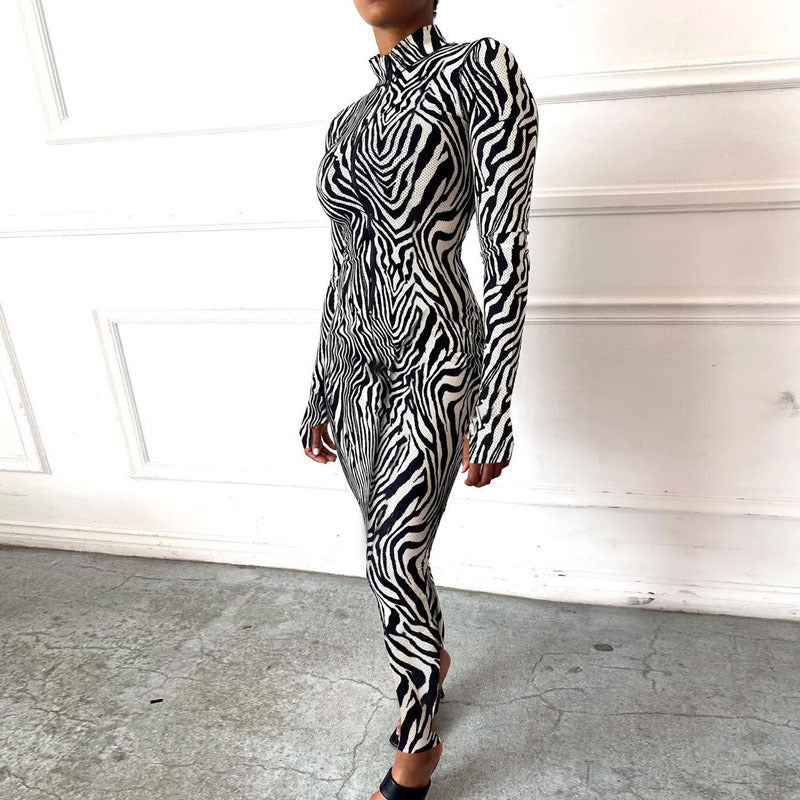 Autumn And Winter New Fashion Printed Zipper Jumpsuit