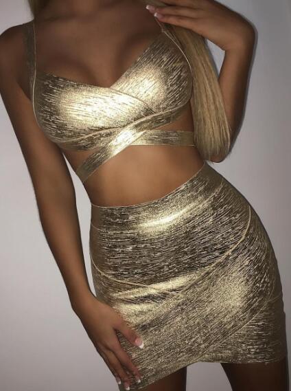 Slanted shoulder bronzing short skirt