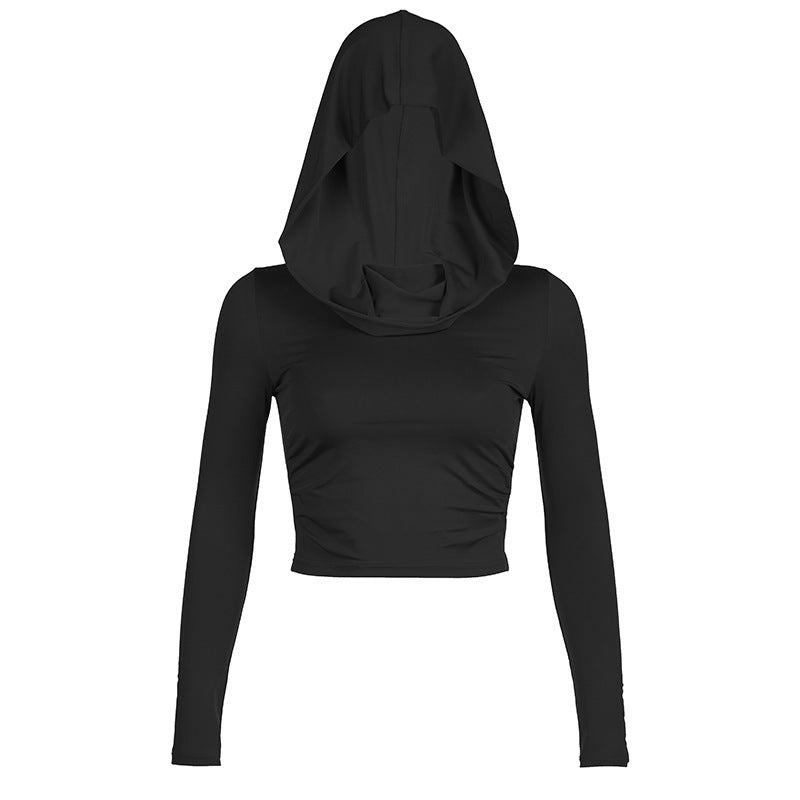 Solid Color Swing Collar Off-shoulder Hooded Top