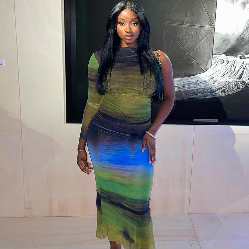 Long Sleeve Printed Medium Length Pencil Skirt