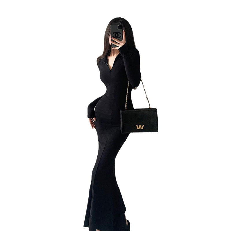 Tight Zipper And Lapel Long Sleeve Fishtail Dress