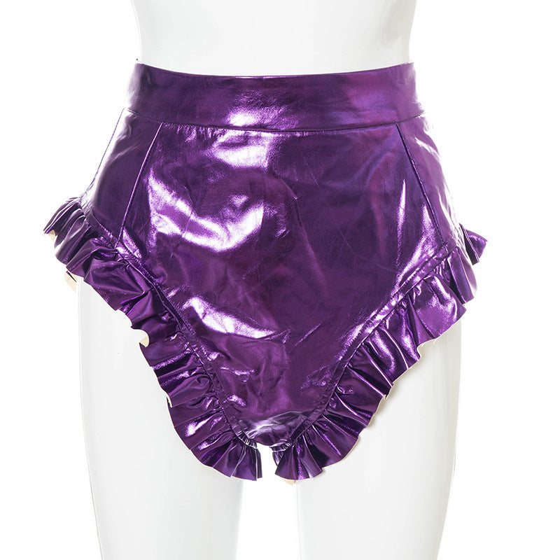 Women's PU Leather Shorts With Wooden Ears