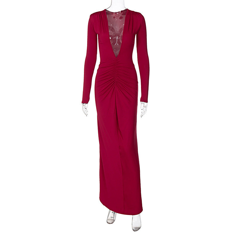 New Fashion V-neck Slim Fit Pleated Solid Color Long Sleeve Dress