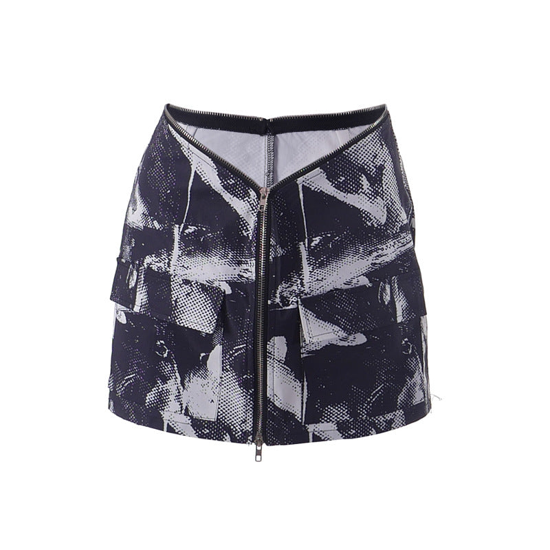 Printed Zipper Hem Hip Wrap Miniskirt