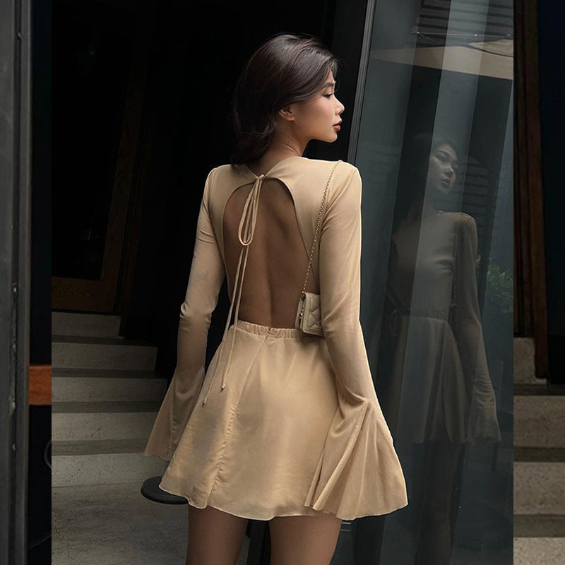 Temperament Crew Neck Horn Long Sleeve Mesh Dress Sexy Backless Skinny Skirt