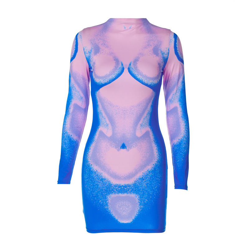 Printed Slim-fit Round Neck Sheath Long-sleeved Dress