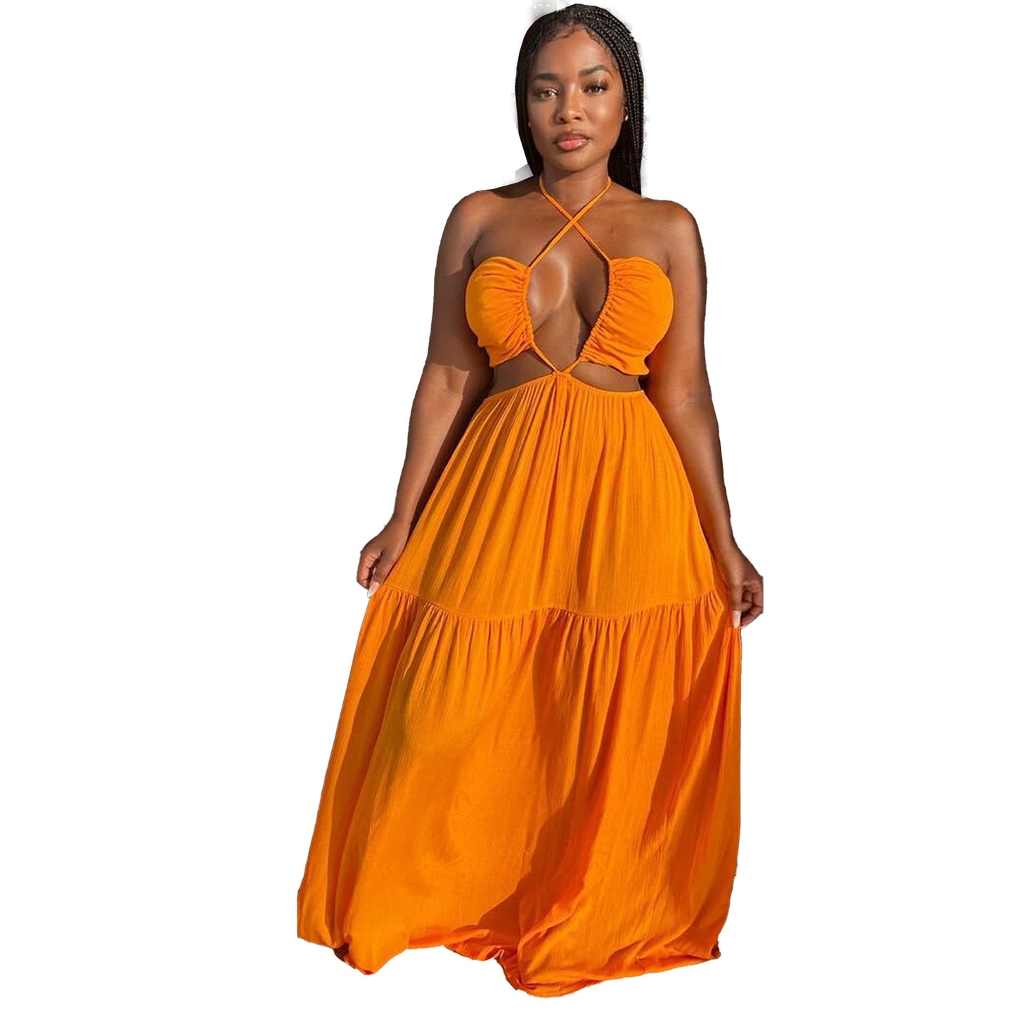 Lace Up Halter Stitching Cross Smocking Mop Dress