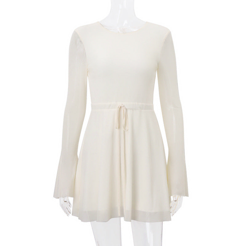 Temperament Crew Neck Horn Long Sleeve Mesh Dress Sexy Backless Skinny Skirt