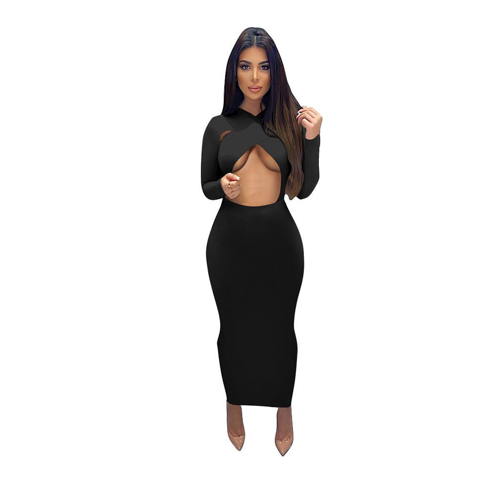 Pure Color Temperament Commuter Wrapped Chest Long Sleeve Midi Dress
