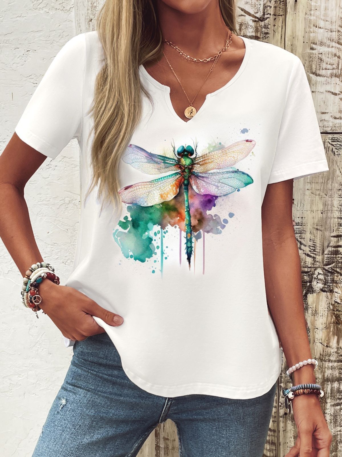 New V-neck Female Animal Print Casual All-match Short-sleeved Top