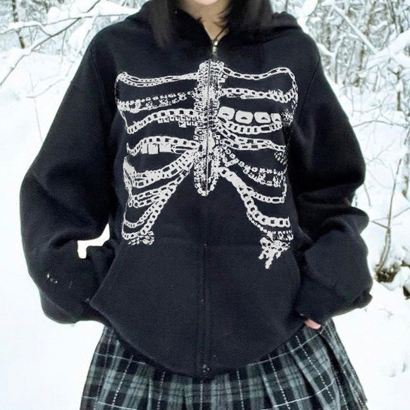 Dark Style Chain Bone Hooded Sweater